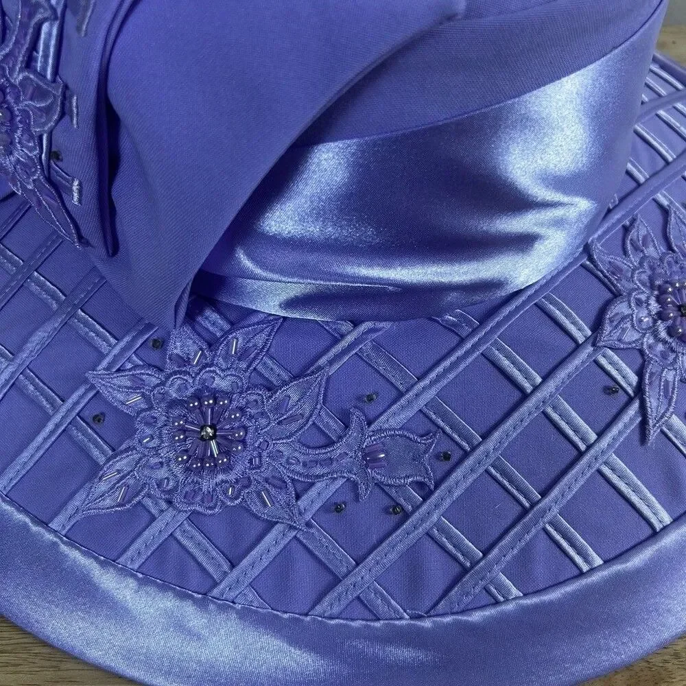 Studio 3 Women Purple Church Hat Wide Brim Beaded Floral Bow Derby Dress Hat